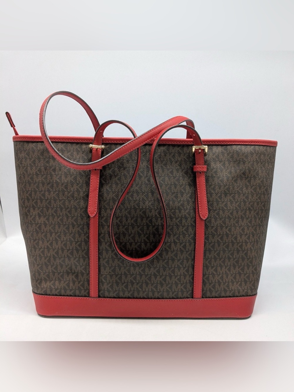 FLASH SALE Michael Kors MK Designer Large Jet Set Brown Red Signature Tote Purse - Picture 3 of 9